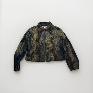 Vintage Women’s Leopard Print Fuzzy Jacket USA Retro Y2K M Zip Bomber Coat GC